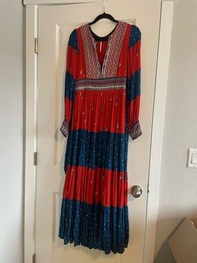 Free People Starlight Embroidered Maxi Dress - Red Combo - Small
